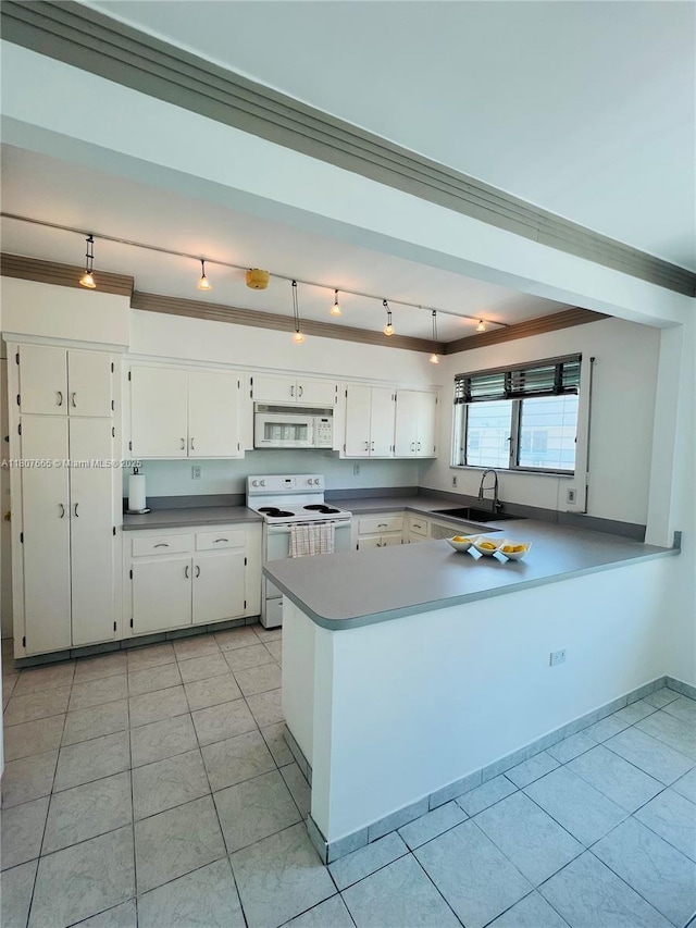 10178 Collins Ave Unit 210, Bal Harbour, FL 33154 - kitchen with white appliances, a peninsula, ornamental molding, light tile patterned floors, and white cabinetry