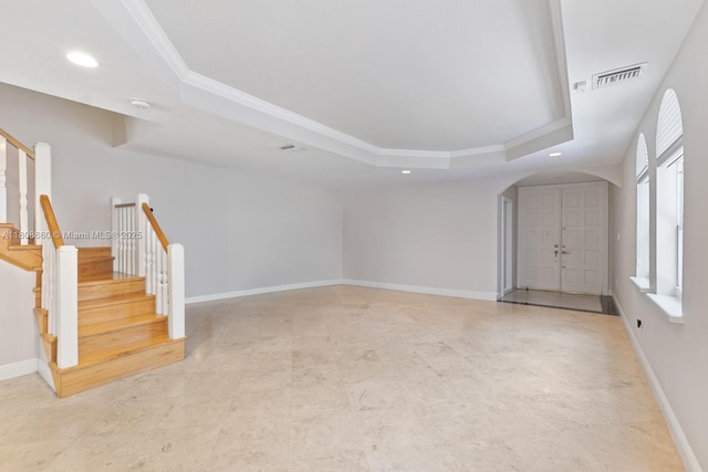 2922 Catalina St Unit 2922, Miami, FL 33133 - unfurnished living room with a raised ceiling, ornamental molding, recessed lighting, stairway, and baseboards
