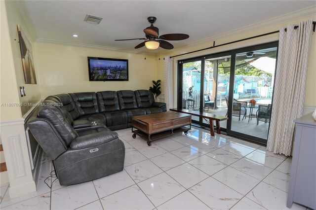 16401 SW 141st Ave, Miami, FL 33177 - living room with ceiling fan, light marble finish floors, and crown molding