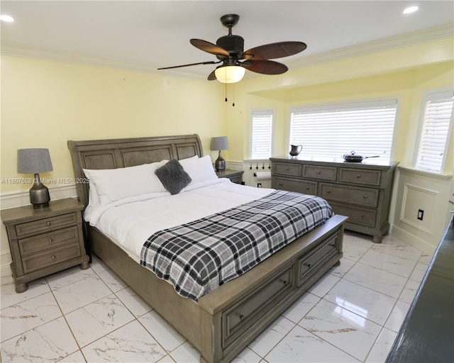 16401 SW 141st Ave, Miami, FL 33177 - bedroom featuring light marble finish floors, crown molding, multiple windows, recessed lighting, and ceiling fan