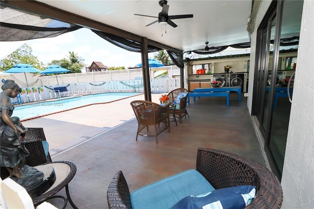 16401 SW 141st Ave, Miami, FL 33177 - fenced backyard featuring washer / clothes dryer, a ceiling fan, and a patio area