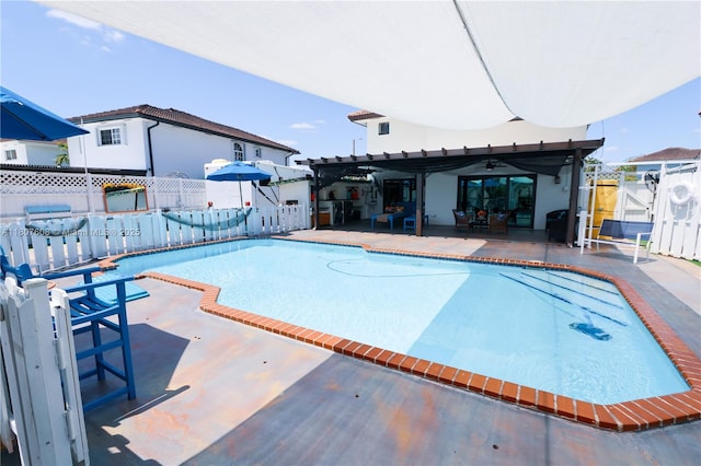 16401 SW 141st Ave, Miami, FL 33177 - view of swimming pool with a fenced backyard, a patio area, ceiling fan, and a gate