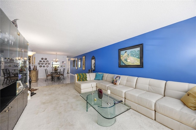 2504 Antigua Ter Unit O3, Coconut Creek, FL 33066 - living area with a chandelier, carpet floors, and a textured ceiling
