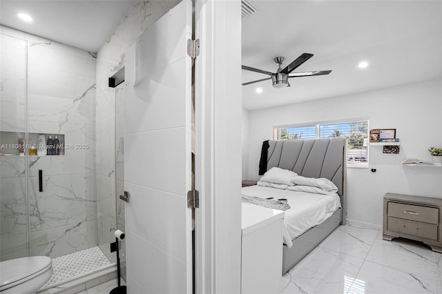 3201 NE 9th Ter, Pompano Beach, FL 33064 - bedroom featuring recessed lighting, marble finish floors, and a ceiling fan