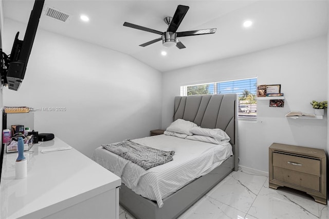 3201 NE 9th Ter, Pompano Beach, FL 33064 - bedroom with recessed lighting, light marble finish flooring, vaulted ceiling, and a ceiling fan