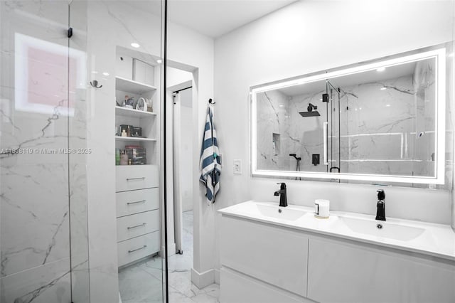 3201 NE 9th Ter, Pompano Beach, FL 33064 - bathroom with marble finish floors, a marble finish shower, and double vanity