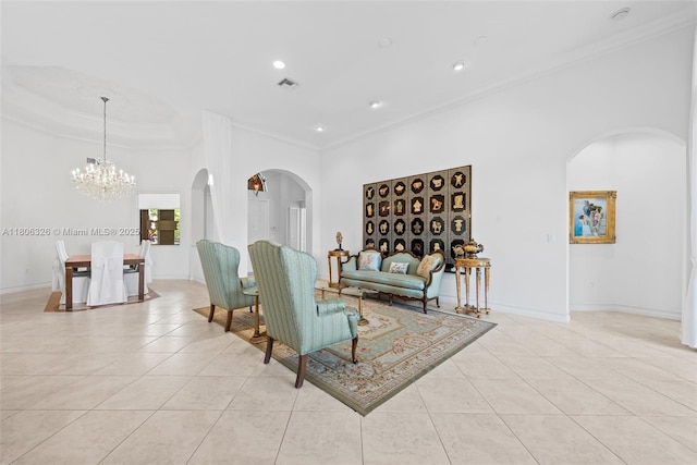 11034 Via, San Remo, Boynton Beach, FL 33437 - living room featuring arched walkways, light tile patterned floors, a chandelier, crown molding, and baseboards