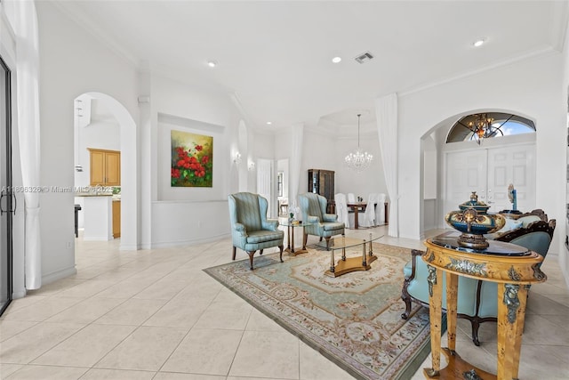 11034 Via, San Remo, Boynton Beach, FL 33437 - living room featuring a chandelier, arched walkways, light tile patterned flooring, ornamental molding, and recessed lighting