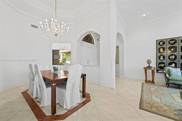 11034 Via, San Remo, Boynton Beach, FL 33437 - dining space with arched walkways, crown molding, a chandelier, a high ceiling, and light tile patterned floors