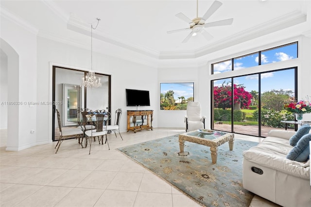 11034 Via, San Remo, Boynton Beach, FL 33437 - living area with a raised ceiling, light tile patterned floors, arched walkways, ornamental molding, and a ceiling fan