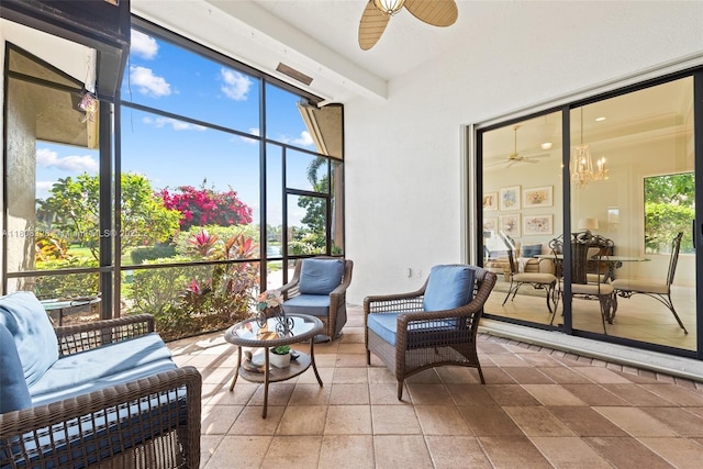 11034 Via, San Remo, Boynton Beach, FL 33437 - sunroom / solarium featuring a ceiling fan and an outdoor living space