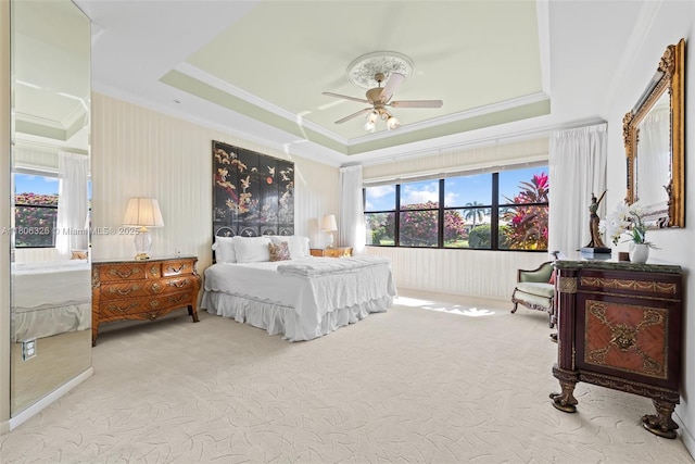 11034 Via, San Remo, Boynton Beach, FL 33437 - bedroom with a raised ceiling, crown molding, carpet floors, and ceiling fan