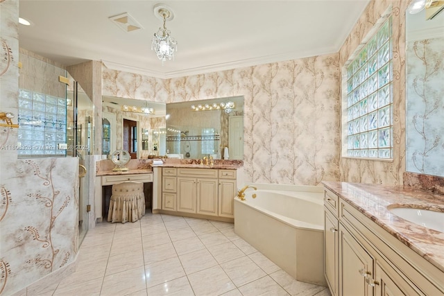 11034 Via, San Remo, Boynton Beach, FL 33437 - bathroom with a stall shower, two vanities, a bath, and tile patterned flooring