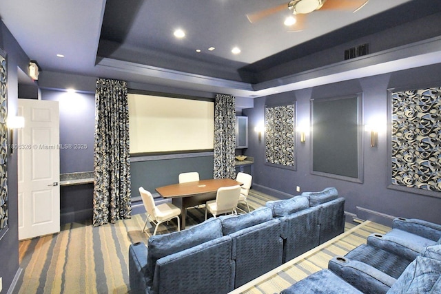 11034 Via, San Remo, Boynton Beach, FL 33437 - cinema room with a ceiling fan, a tray ceiling, recessed lighting, and baseboards