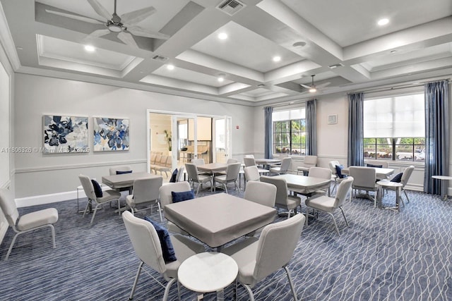 11034 Via, San Remo, Boynton Beach, FL 33437 - carpeted dining area with ceiling fan, coffered ceiling, beamed ceiling, and recessed lighting