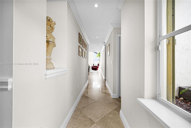 9866 SW 111th Ter, Miami, FL 33176 - corridor featuring baseboards, ornamental molding, recessed lighting, and light tile patterned floors