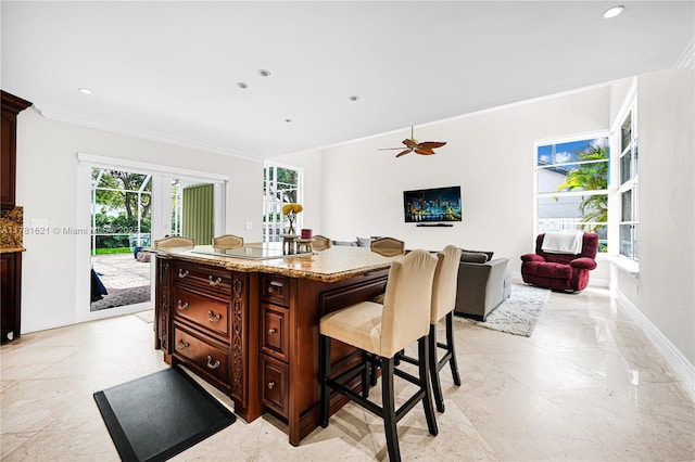9866 SW 111th Ter, Miami, FL 33176 - kitchen featuring a breakfast bar, crown molding, baseboards, french doors, and stone countertops
