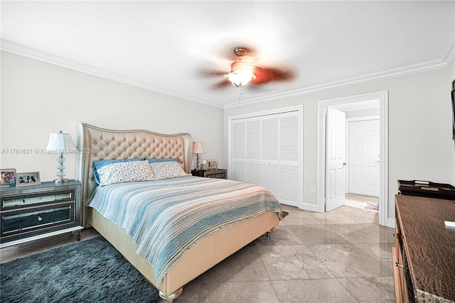 9866 SW 111th Ter, Miami, FL 33176 - bedroom with crown molding, light marble finish floors, a closet, ceiling fan, and baseboards