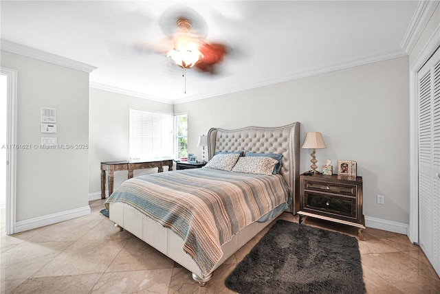 9866 SW 111th Ter, Miami, FL 33176 - bedroom with ornamental molding, baseboards, a closet, a ceiling fan, and light tile patterned flooring