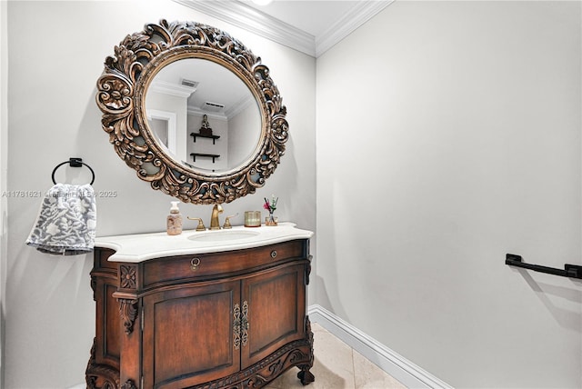 9866 SW 111th Ter, Miami, FL 33176 - bathroom featuring baseboards, crown molding, and vanity