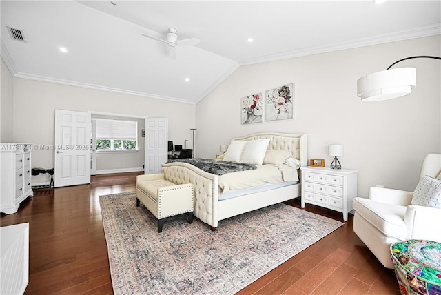 9866 SW 111th Ter, Miami, FL 33176 - bedroom with wood finished floors, crown molding, lofted ceiling, ceiling fan, and recessed lighting