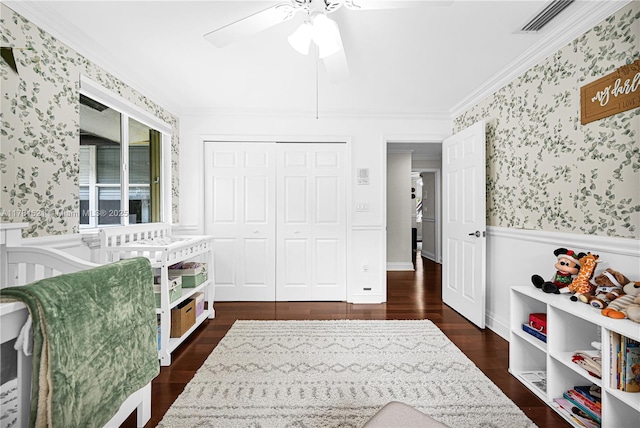 9866 SW 111th Ter, Miami, FL 33176 - bedroom featuring wallpapered walls, wainscoting, ornamental molding, wood finished floors, and a closet