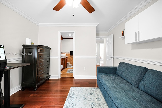 9866 SW 111th Ter, Miami, FL 33176 - living room with dark wood-style floors, ceiling fan, ornamental molding, and baseboards