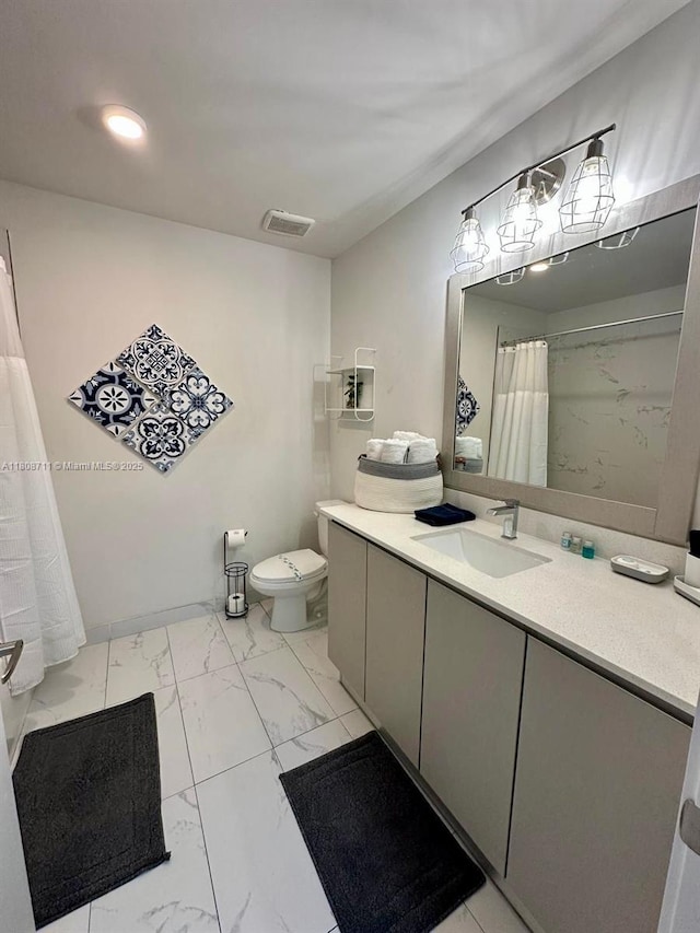19380 NE 26th Ave Unit 301, Miami, FL 33180 - bathroom with marble look tile flooring, vanity, toilet, curtained shower, and recessed lighting