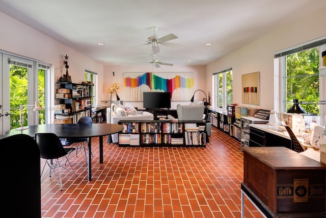 3245 Riviera Dr, Coral Gables, FL 33134 - office with a ceiling fan, brick patterned floors, and recessed lighting