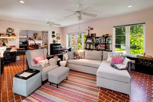 3245 Riviera Dr, Coral Gables, FL 33134 - living room featuring brick patterned floors, ceiling fan, and recessed lighting