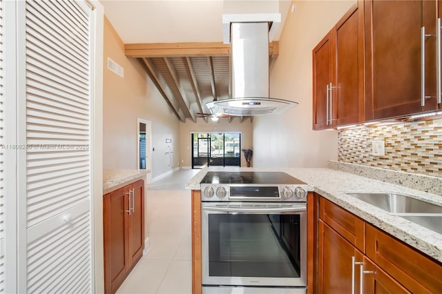 10760 Hickory Ave, Pembroke Pines, FL 33026 - kitchen featuring stainless steel range with electric stovetop, extractor fan, backsplash, a peninsula, and light stone countertops