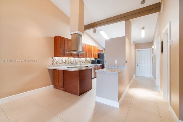 10760 Hickory Ave, Pembroke Pines, FL 33026 - kitchen featuring a peninsula, decorative backsplash, brown cabinetry, pendant lighting, and light stone countertops