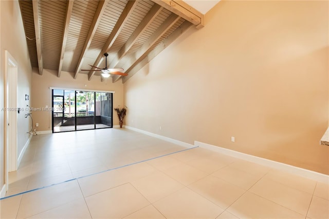 10760 Hickory Ave, Pembroke Pines, FL 33026 - empty room with beam ceiling, baseboards, a ceiling fan, and a towering ceiling