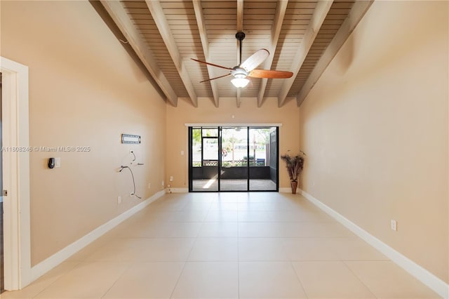 10760 Hickory Ave, Pembroke Pines, FL 33026 - empty room with ceiling fan, wooden ceiling, light tile patterned flooring, and baseboards