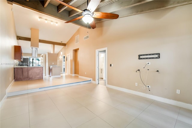 10760 Hickory Ave, Pembroke Pines, FL 33026 - unfurnished living room with beamed ceiling, a ceiling fan, baseboards, high vaulted ceiling, and light tile patterned floors