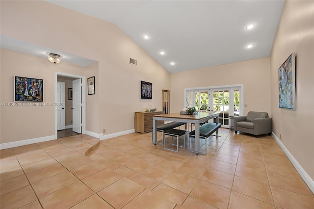 2215 SW 14th Pl, Boca Raton, FL 33486 - dining area featuring high vaulted ceiling, light tile patterned flooring, recessed lighting, and french doors