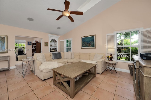 2215 SW 14th Pl, Boca Raton, FL 33486 - living room with light tile patterned floors, a ceiling fan, and high vaulted ceiling