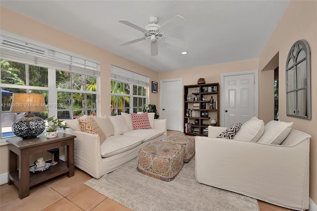 2215 SW 14th Pl, Boca Raton, FL 33486 - living room with a ceiling fan, light tile patterned flooring, and recessed lighting