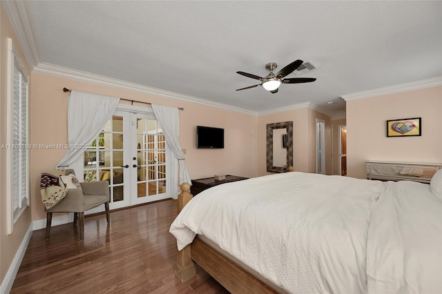 2215 SW 14th Pl, Boca Raton, FL 33486 - bedroom with french doors, ornamental molding, wood finished floors, and a ceiling fan