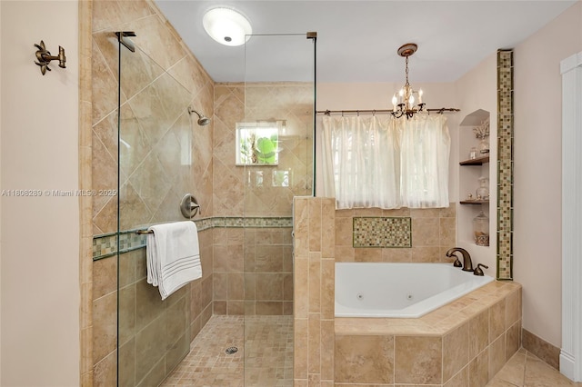 2215 SW 14th Pl, Boca Raton, FL 33486 - full bathroom featuring a jetted tub, a tile shower, and a chandelier