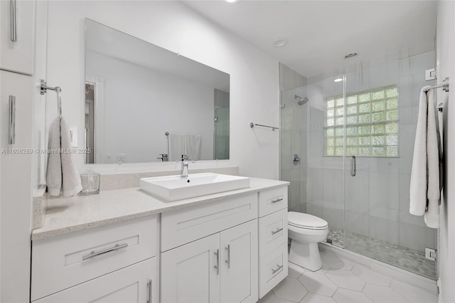 2215 SW 14th Pl, Boca Raton, FL 33486 - bathroom with a stall shower, vanity, tile patterned floors, and recessed lighting