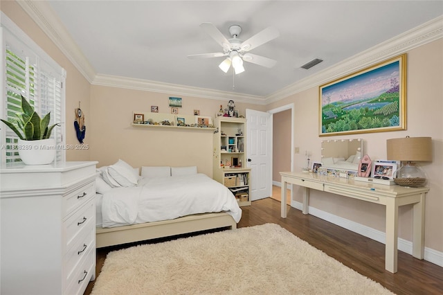 2215 SW 14th Pl, Boca Raton, FL 33486 - bedroom with dark wood-style flooring, crown molding, and a ceiling fan