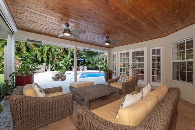 2215 SW 14th Pl, Boca Raton, FL 33486 - view of patio / terrace featuring french doors, an outdoor living space, an outdoor pool, and ceiling fan