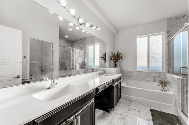 17612 SW 153rd Ave, Miami, FL 33187 - full bathroom featuring a garden tub, a marble finish shower, double vanity, and marble look tile flooring