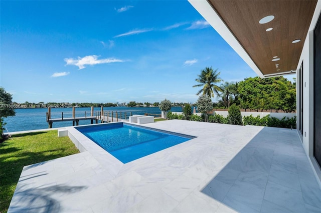 1351 Stillwater Dr, Miami Beach, FL 33141 - outdoor pool featuring a water view, a patio, and a dock