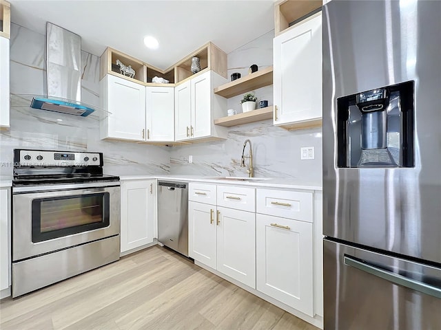 515 Monaco K Unit 515, Delray Beach, FL 33446 - kitchen featuring appliances with stainless steel finishes, range hood, a sink, open shelves, and decorative backsplash