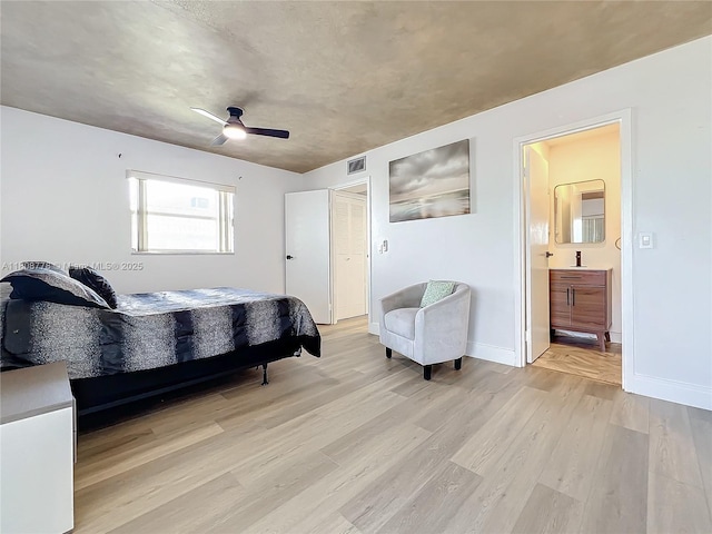 515 Monaco K Unit 515, Delray Beach, FL 33446 - bedroom featuring light wood finished floors, baseboards, connected bathroom, and ceiling fan