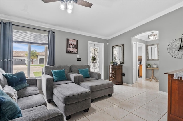 17833 SW 149th Pl, Miami, FL 33187 - living area featuring ornamental molding, ceiling fan, light tile patterned floors, and arched walkways