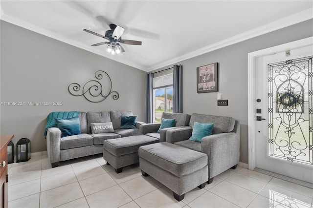 17833 SW 149th Pl, Miami, FL 33187 - living room featuring crown molding, a ceiling fan, and light tile patterned flooring