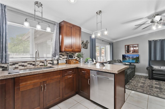 17833 SW 149th Pl, Miami, FL 33187 - kitchen with stainless steel dishwasher, ornamental molding, open floor plan, tasteful backsplash, and ceiling fan